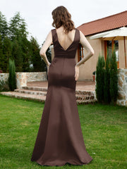 Plunging V-Neck Satin Dress With Slit Chocolate