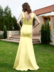 Plunging V-Neck Satin Dress With Slit Daffodil