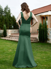 Plunging V-Neck Satin Dress With Slit Dark Green