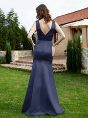 Plunging V-Neck Satin Dress With Slit Dark Navy