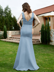 Plunging V-Neck Satin Dress With Slit Dusty Blue