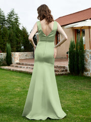 Plunging V-Neck Satin Dress With Slit Dusty Sage
