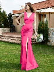 Plunging V-Neck Satin Dress With Slit Fuchsia