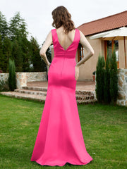 Plunging V-Neck Satin Dress With Slit Fuchsia
