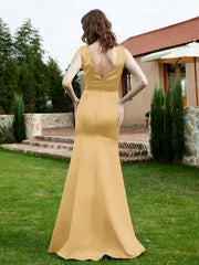 Plunging V-Neck Satin Dress With Slit Gold