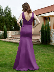 Plunging V-Neck Satin Dress With Slit Grape