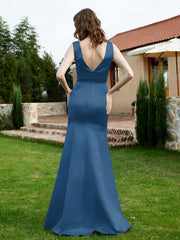 Plunging V-Neck Satin Dress With Slit Ink Blue