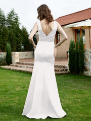 Plunging V-Neck Satin Dress With Slit Ivory