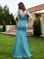 Plunging V-Neck Satin Dress With Slit Jade