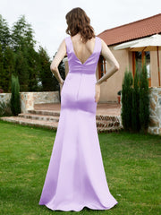 Plunging V-Neck Satin Dress With Slit Lilac