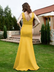 Plunging V-Neck Satin Dress With Slit Marigold