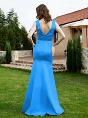 Plunging V-Neck Satin Dress With Slit Ocean Blue