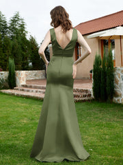 Plunging V-Neck Satin Dress With Slit Olive Green