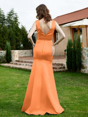 Plunging V-Neck Satin Dress With Slit Orange Plus Size