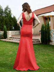 Plunging V-Neck Satin Dress With Slit Red
