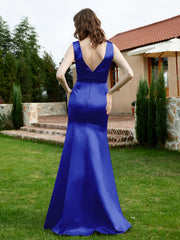Plunging V-Neck Satin Dress With Slit Royal Blue