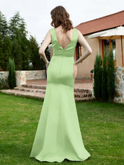 Plunging V-Neck Satin Dress With Slit Sage