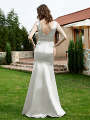 Plunging V-Neck Satin Dress With Slit Silver