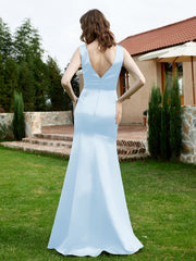 Plunging V-Neck Satin Dress With Slit Sky Blue