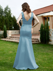 Plunging V-Neck Satin Dress With Slit Slate Blue