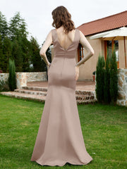 Plunging V-Neck Satin Dress With Slit Taupe