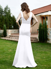 Plunging V-Neck Satin Dress With Slit White
