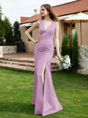 Plunging V-Neck Satin Dress With Slit Wisteria