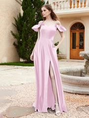 Off Shoulder Flutter Sleeves Satin Dress With Pocket Blushing Pink