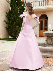 Off Shoulder Flutter Sleeves Satin Dress With Pocket Blushing Pink