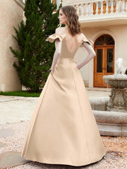 Off Shoulder Flutter Sleeves Satin Dress With Pocket Champagne