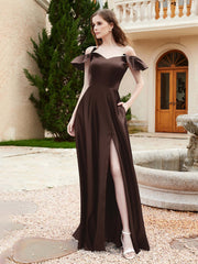 Off Shoulder Flutter Sleeves Satin Dress With Pocket Chocolate