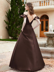 Off Shoulder Flutter Sleeves Satin Dress With Pocket Chocolate