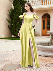 Off Shoulder Flutter Sleeves Satin Dress With Pocket Daffodil