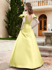 Off Shoulder Flutter Sleeves Satin Dress With Pocket Daffodil