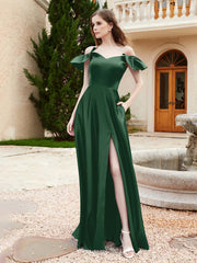 Off Shoulder Flutter Sleeves Satin Dress With Pocket Dark Green