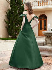 Off Shoulder Flutter Sleeves Satin Dress With Pocket Dark Green