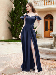 Off Shoulder Flutter Sleeves Satin Dress With Pocket Dark Navy