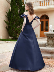 Off Shoulder Flutter Sleeves Satin Dress With Pocket Dark Navy