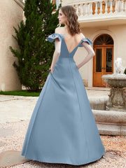 Off Shoulder Flutter Sleeves Satin Dress With Pocket Dusty Blue