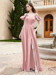 Off Shoulder Flutter Sleeves Satin Dress With Pocket Dusty Rose