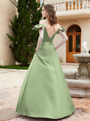Off Shoulder Flutter Sleeves Satin Dress With Pocket Dusty Sage