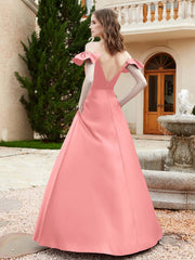 Off Shoulder Flutter Sleeves Satin Dress With Pocket Flamingo