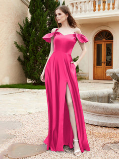 Off Shoulder Flutter Sleeves Satin Dress With Pocket Fuchsia