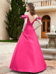 Off Shoulder Flutter Sleeves Satin Dress With Pocket Fuchsia
