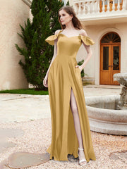 Off Shoulder Flutter Sleeves Satin Dress With Pocket Gold