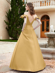 Off Shoulder Flutter Sleeves Satin Dress With Pocket Gold