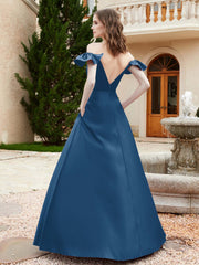 Off Shoulder Flutter Sleeves Satin Dress With Pocket Ink Blue