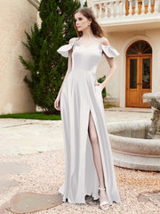 Off Shoulder Flutter Sleeves Satin Dress With Pocket Ivory