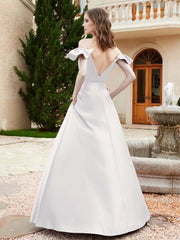 Off Shoulder Flutter Sleeves Satin Dress With Pocket Ivory