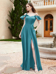 Off Shoulder Flutter Sleeves Satin Dress With Pocket Jade
